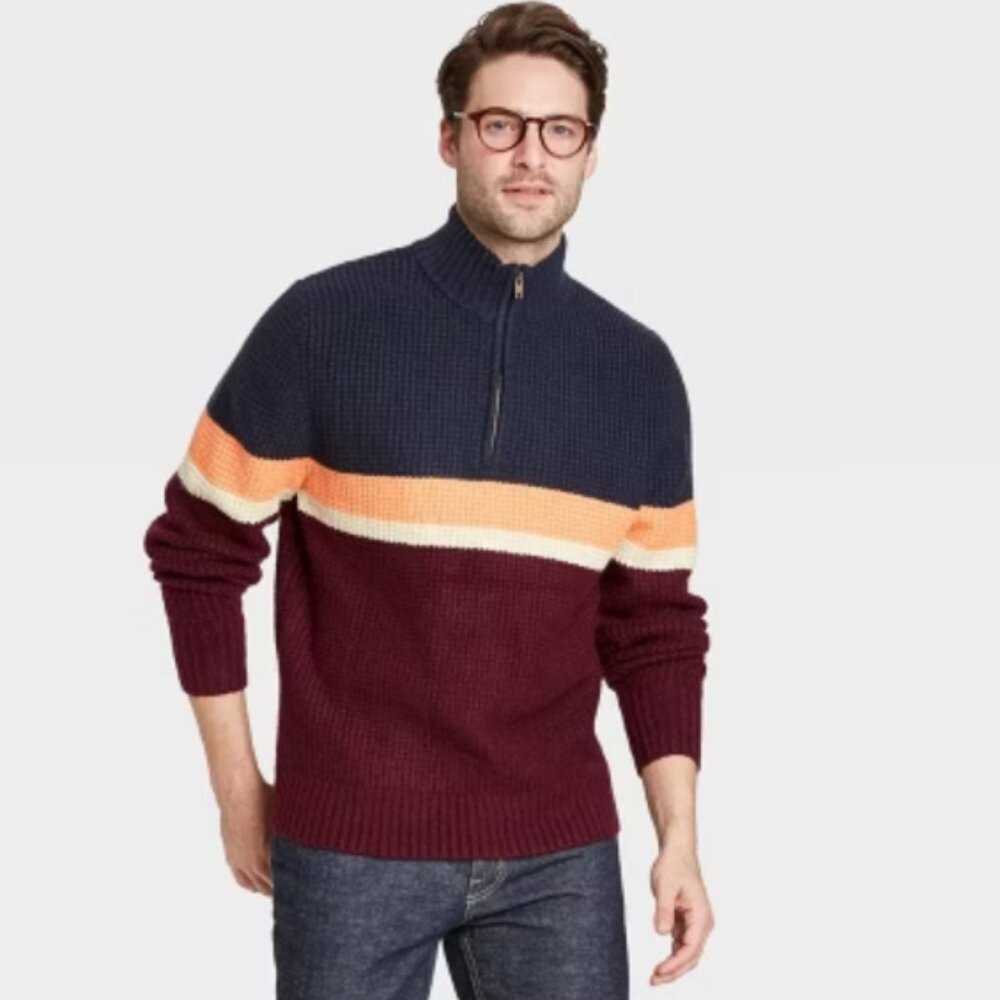 Goodfellow & Co - Men’s Striped Red & Blue Zip-Up Pullover Sweater - Men's XL​